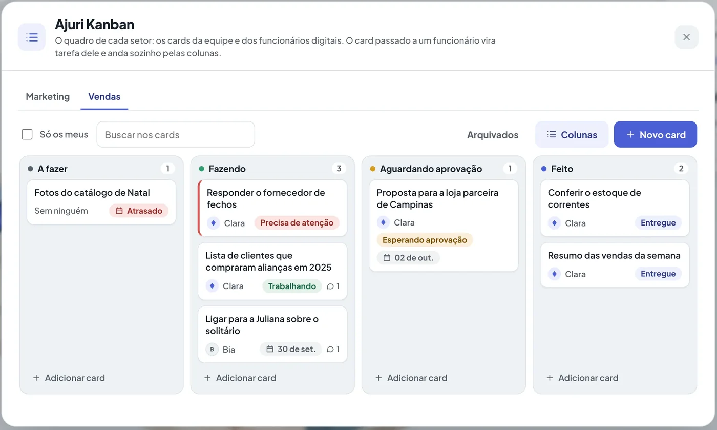 O Kanban do setor de Vendas com cards em A fazer, Fazendo, Aguardando aprovação e Feito.